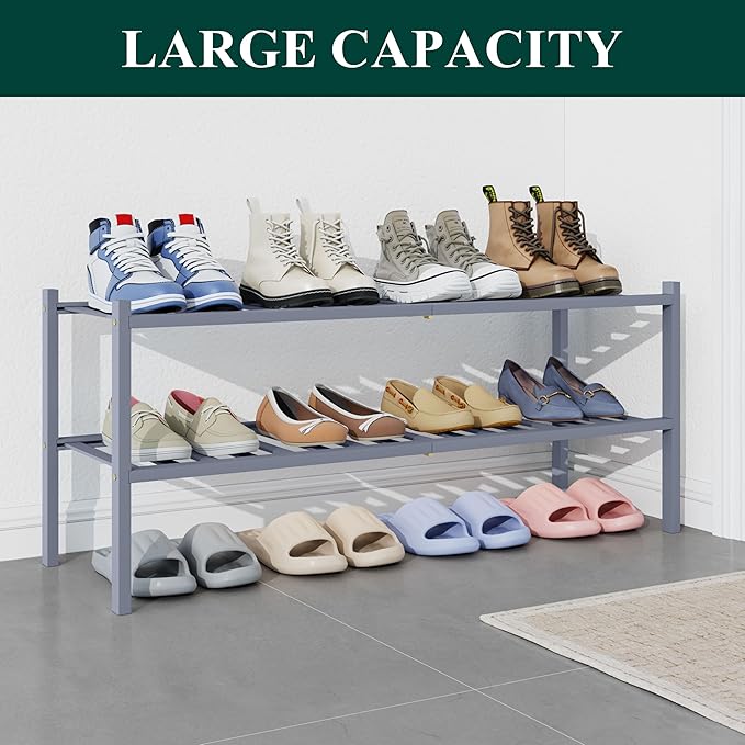 Smiry Bamboo Shoe Rack for Closet, 2 Tier Long Wooden Stackable Shoe Organizer, Free Standing Shoes Storage Shelf for Entryway, Front Door Entrance, Grey
