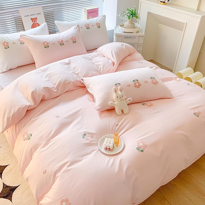 MorroMorn Twin Duvet Cover Cotton, 3D Embroidery Twin Bedding Sets Pink Bed Set, Fluffy Chenille Embroidered Comforter Covers Soft Sweat-Absorbing for Girls Kids Teen (Flowers Pink, Twin/Twin XL)