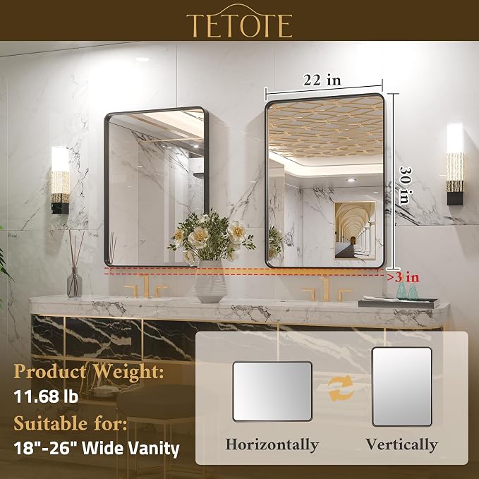 TETOTE Black Framed Mirrors for Bathroom, 2 Inch Thick Frame 22 x 30 Inch Brushed Metal Frame Wall Mounted Rectangle Mirror for Vanity(Horizontal/Vertical)