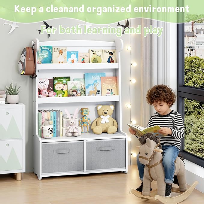 Kids Bookshelf and Toy Storage Organizer, 3 Tier Bamboo Todders Book Shelf Large Book Rack for Child Room Playroom Nursery for Kids, Children, Toddlers (White)