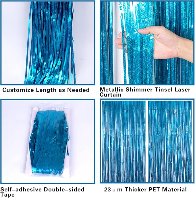 2 Pack 3.2ft x 8.2ft Blue Foil Fringe Curtains Photo Backdrop Party Decorations, Metallic Tinsel Foil Fringe Streamer Curtain for Party Door Wall Curtain Bachelorette Christmas New Year Decorations