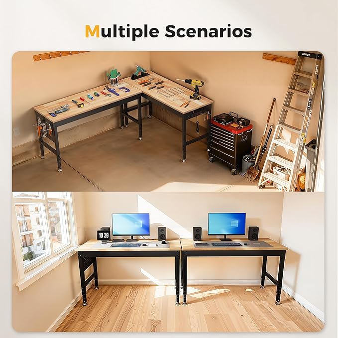 120" Adjustable Heavy Duty Workbench, 2000 LBS Load Capacity Rubber Wood Work Table with Pegboard, Power Outlets, Work Bench for Garage, Workshop, Office, Home, Commercial, Ships in 2 Boxes