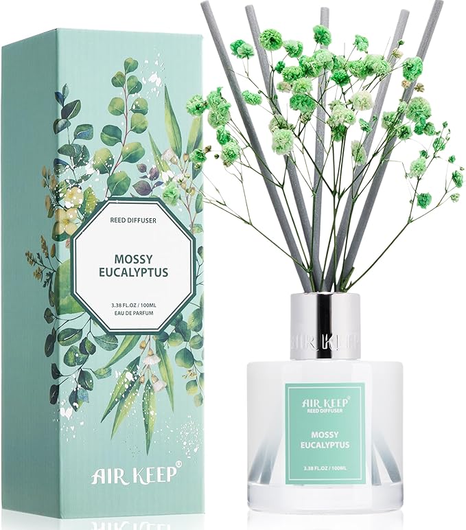 Airkeep Reed Diffuser Set,3.38 fl oz (100 ml) - Moss Eucalyptus Oil Diffusers with 8 Reed Sticks, Home Fragrance Reed Diffuser for Bathroom Shelf Decor
