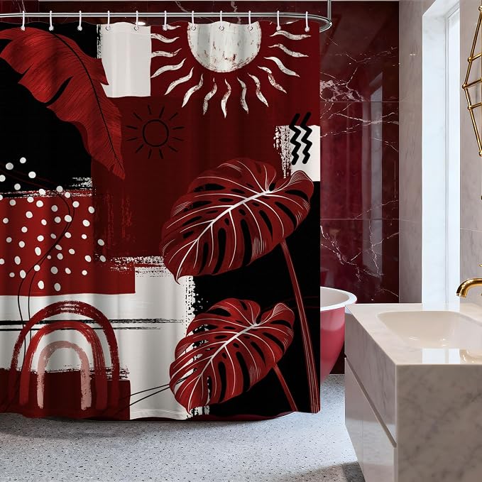 Black and Red Mid Century Modern Shower Curtain Bohemian Abstract Burgundy Shower Curtains for Bathroom Decor Sets, Waterproof Cloth Fabric with Hooks, 70x72 Inch