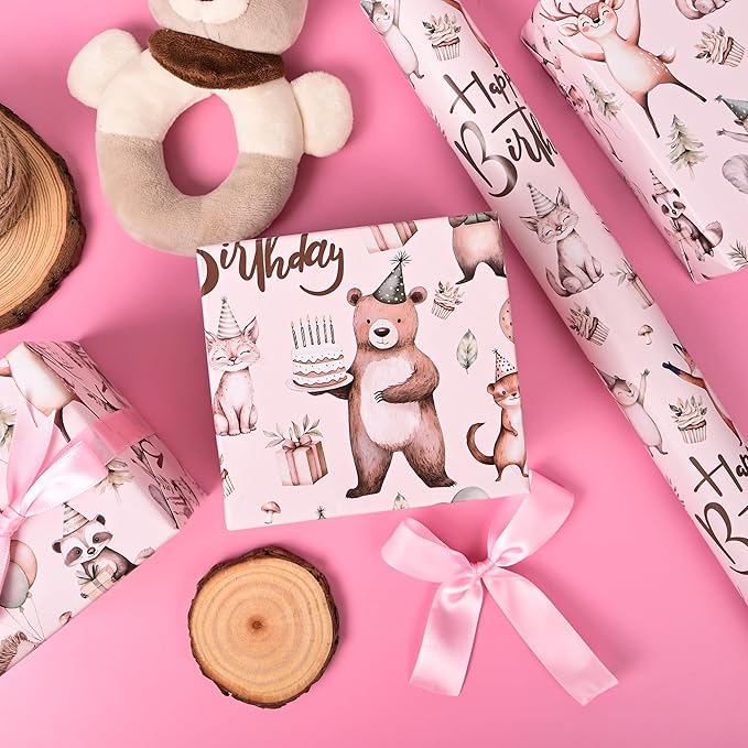 Altarho Birthday Wrapping Paper Roll - Birthday Safari Woodland Animals with Gift Box Cake Design Gift Wrap Sheets for Kids Boys Baby Shower Party Decoration Celebration Total 28.5sq.ft