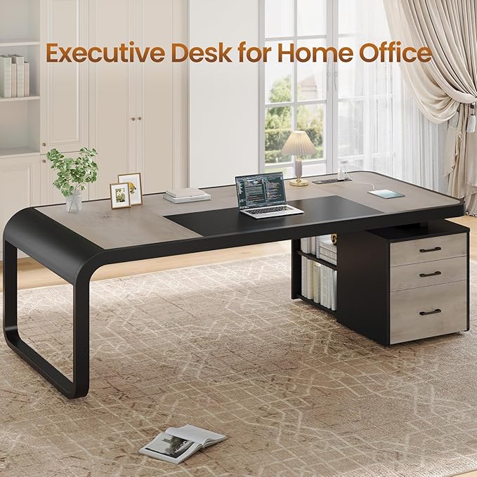 Itaar 70.9" Executive Desk, Large Computer Desk with Drawers and Lateral File Cabinet, Office Desk with Removable Shelves, Business Furniture Desk Workstation for Home Office, Gray