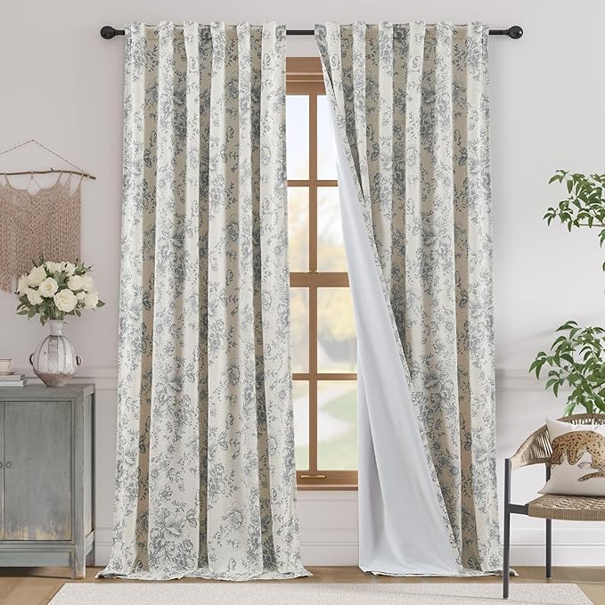 jinchan Blackout Linen Blend Curtain Gray Floral Blackout Curtains for Living Room 96 Inch Length Grey Printed with Lined Blackout Curtain for Bedroom Farmhouse Curtains Set 2 Panels