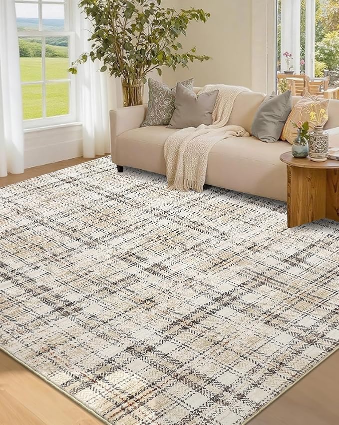 3x5 Entryway Rug Washable Bedroom Rugs with Non Slip Rubber Backing, Plaid Soft Low Pile Rustic Stain Resistant Accent Rug for Entrance Living Room Office Home Decor
