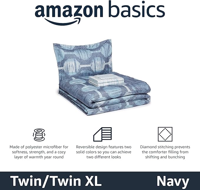 Amazon Basics Lightweight Microfiber Comforter Sets, 5 Pieces, Navy, Geometrics, Twin/Twin XL