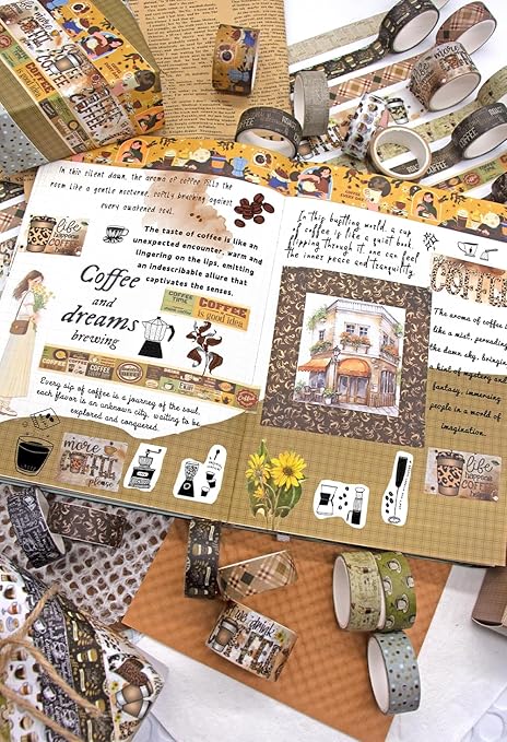 KOVANO Coffee Themed Washi Tape Set, 14 Rolls Vintage Crafts Tape, Art Decorative Tape for Scrapbooking Supplies, Junk Journal, Bullet Journaling, Vision Board Supplies