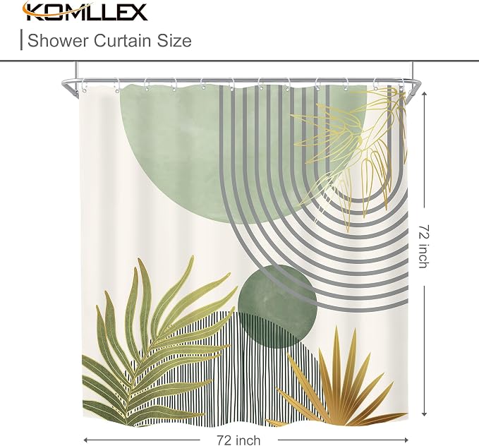 KOMLLEX Mid Century Mint Green Boho Shower Curtain 72Wx72L Inches Abstract Modern Shower Curtains for Bathroom Decor Plant Botanical Minimalist Arch Sun Fabric Liner Waterproof Polyester 12 Pack Hooks