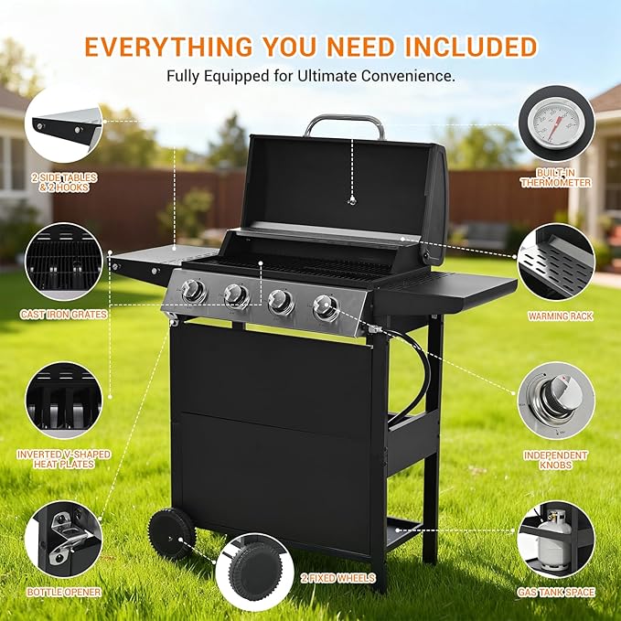 EUHOME 4-Burner Gas Grill with Side Burner & Cover, 51000 BTU Stainless Steel Outdoor BBQ Grill, 452 sq.in Cooking Area, Ideal for Backyard, Patio Large Gatherings