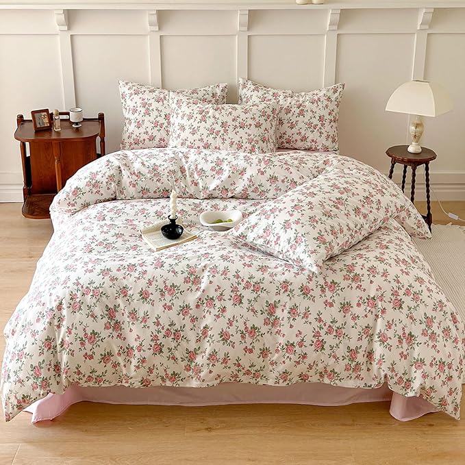 HighBuy Pink Floral Comforter Set Queen Vintage Floral Comforter Sets with Pink Botanical Soft Cozy Queen Bedding Comforter Set with 2 Pillowcases,Cute Floral Bed Comforter Sets for All Season