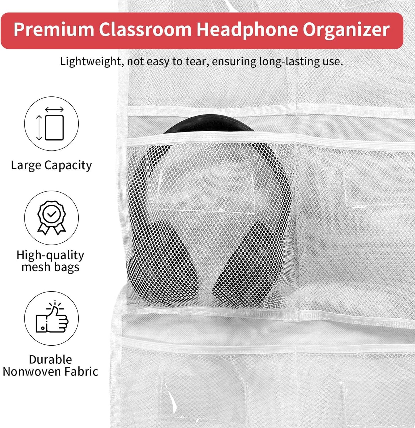 Skiennix Headphone Storage Organizer - 15 Durable Mesh Pockets for Classroom & Library | Includes 61 Cards & 3 Hooks