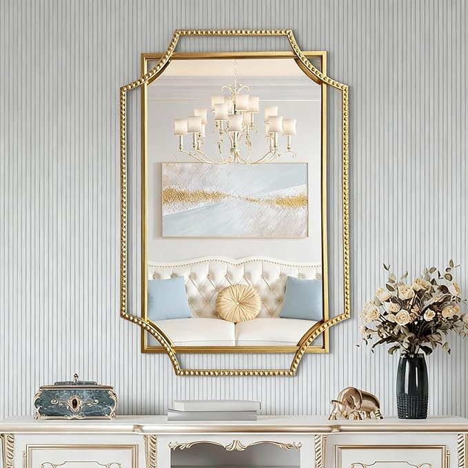 Gold Bathroom Mirror with Metal Frame 24"x36" Antique Beaded Decorative Wall Vanity Mirror Rectangle Polished Beveled Mirrors for Bedroom Entryway Fireplace
