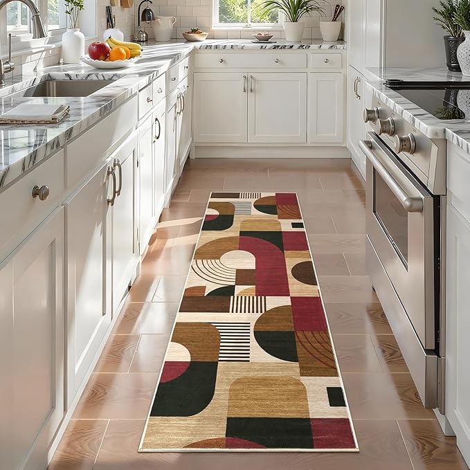 2x8 Runner Rugs, Boho Geometric Print Washable Hallway Runner Long Entryway Rug Soft Low Pile Non-Slip Kitchen Rug Runners for Bedroom Laundry, Burgundy/Brown Multi, 2'x8'