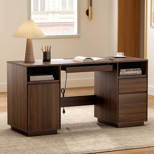 59" Office Desk, Farmhouse Wide Home Executive Desk with File Drawer & Open Storage & Power Outlet, Wooden Computer Desk for Study Writing, Brown