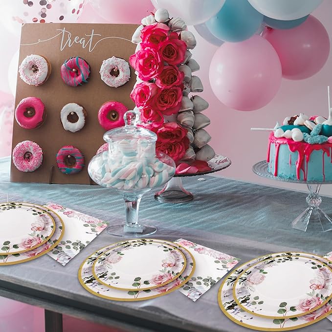 350 PCS Floral Plates and Napkins Party Supplies Serve 50 Flower Disposable Paper Dinnerware Sets for Adults Bridal Shower Decorations Baby Shower Birthday Wedding Engagement Tea