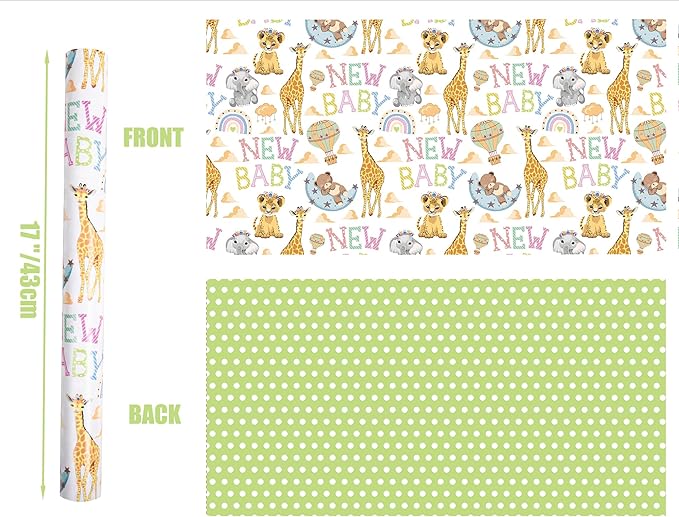 Altarho Reversible Baby Shower Wrapping Paper for Kids Girls Boys - 17 Inch x 33 Feet - Lion Giraffe Animals & New Baby Design for Neutral Baby Shower Party Birthday Holiday