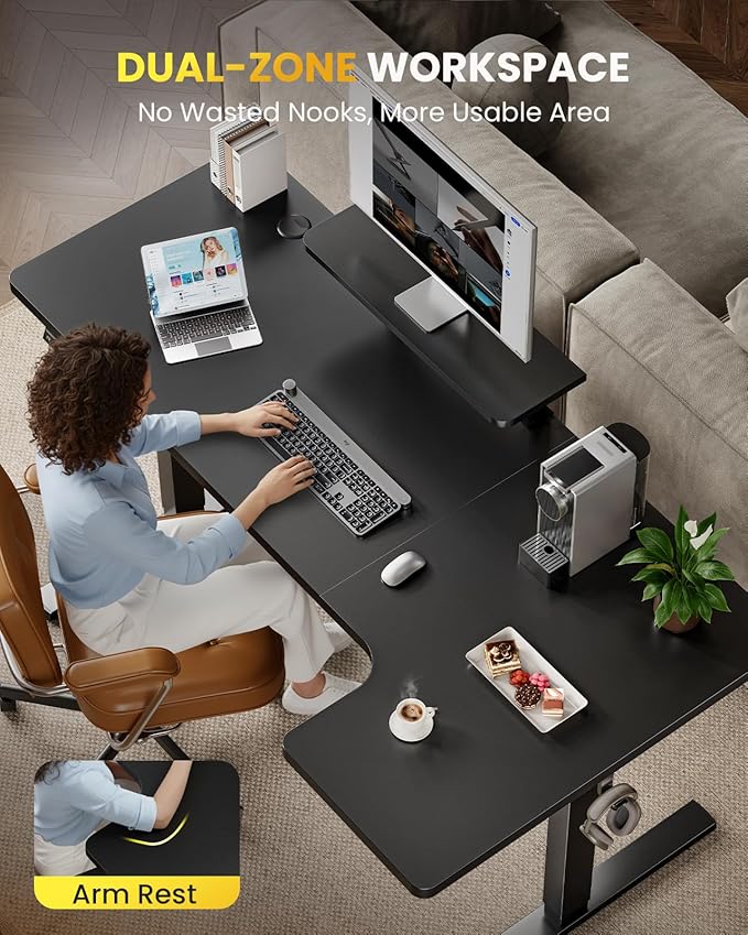L-Shaped Standing Desk - 63 Inch Adjustable Corner Standing Desk with Flexible Monitor Stand, Electric Sit Stand Computer Table with Memory Controller for Home Office