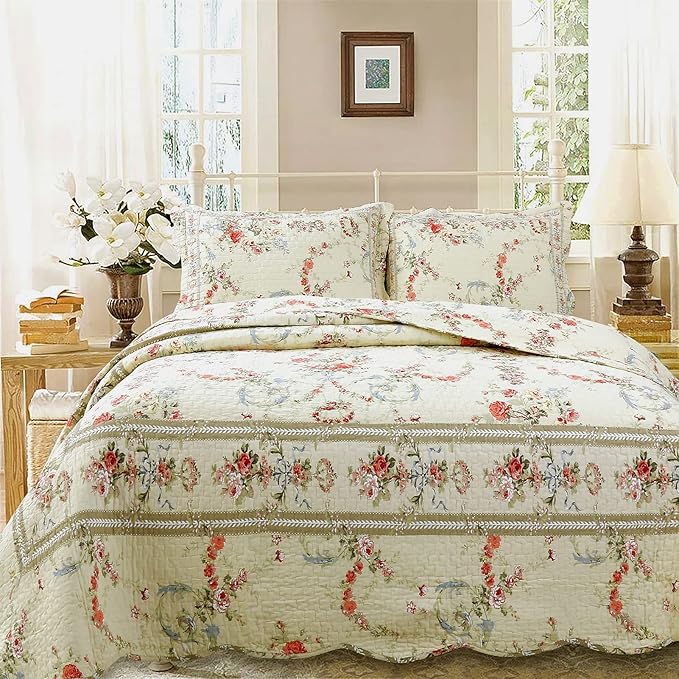 Cozy Line Home Fashions Khaki Cream Yellow Floral Blooming 100% Cotton Reversible Quilt Bedding Set Coverlet Bedspread (Rose Romance, Twin - 2 Piece)