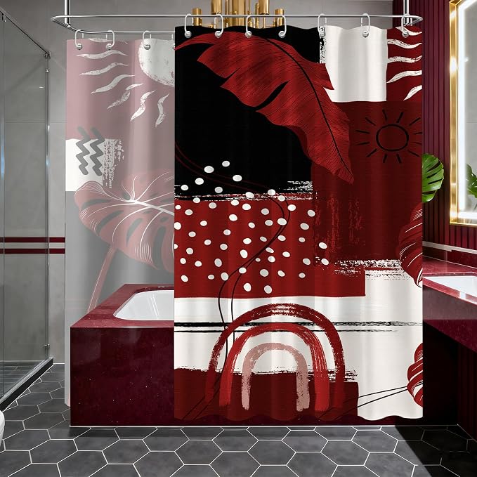 Extra Long Shower Curtain Extra Tall Black and Red XL Burgundy Tropical Leaf Shower Curtains for Large Bathroom Decor Sets, Waterproof Cloth Fabric with Hooks, 108x72 Inch