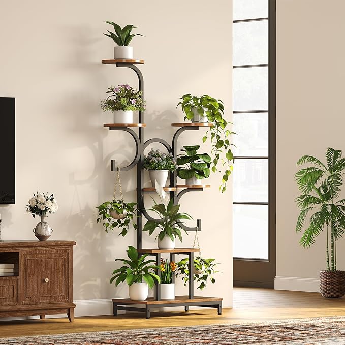 HOOBRO 7 Tiered Plant Stand Indoor with Grow Lights, 63" Corner Plant Stand for Indoor Plants, Metal Corner Shelf with 2 Hanging Basket Spots, for Home, Living Room, Rustic Brown and Black BF12DHJ01