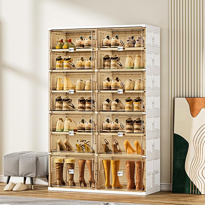 wesimple 28 Pairs Shoes and Boots Storage Cabinet of 3-Step Fast Installation,Plastic Shoe Box with Clear Magnetic Door for Display, Shoe Organizer for Sneaker, Sandals, Heels (2 Row, 7 Tier)