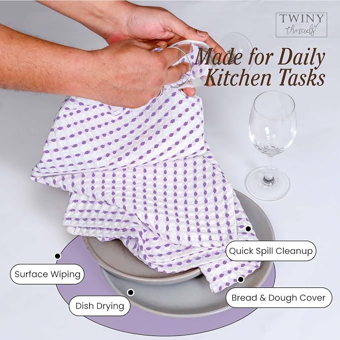 TWINY threads Waffle Weave Kitchen Towels Set of 4, Premium 100% Cotton, 16x26 Inches Dishcloths Pack, Ultra Absorbent & Quick Dry Wash Rags for Home Kitchens, Lavender, White