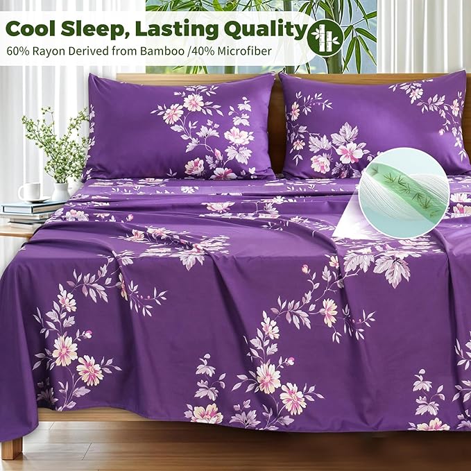 Bedlifes California King Floral 4-Piece Sheet Set - Cooling Sheets Blend Rayon Derived from Bamboo,Soft & Breathable, Deep Pocket 16", Wrinkle Resistant - Vibrant Boho Floral Dark Purple