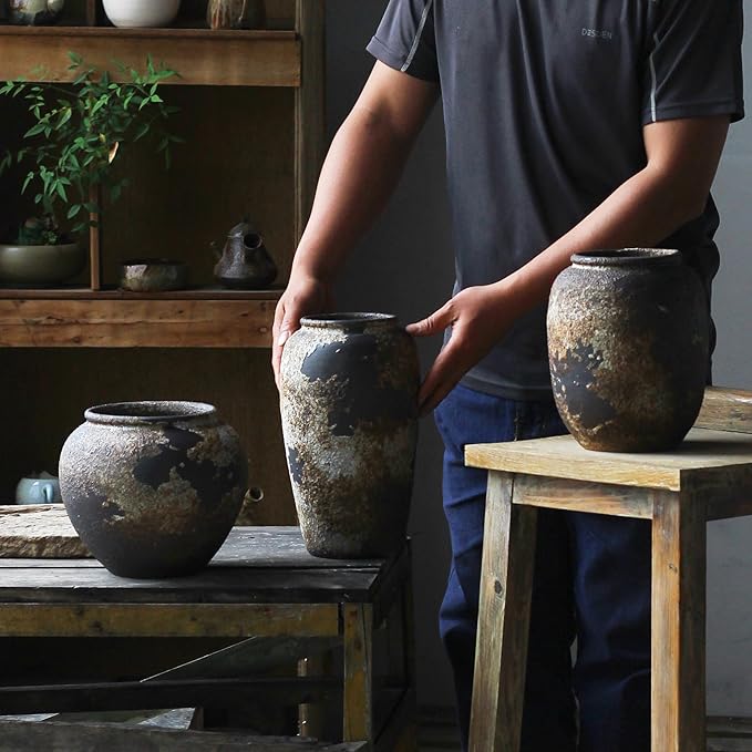 Denique Rustic Vase for Home Decor, Farmhouse Terracotta Vases, Large Ceramic Vase for Living Room Decor, Black Pottery Vase Large Clay Vase, Rustic Farmhouse Tabletop Decor(C-29cm)
