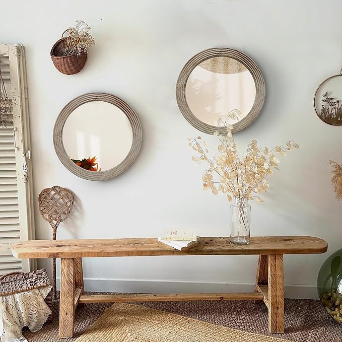 LOSOUR Round Mirror, Farmhouse Decor Solid Wood Frame Wall Circle Mirror, Decorative Mirrors for Bathroom Over Sink, Living Room, Entryway,Bedroom, Entryway, Hallway,Foyer (2, Brown, 24" L x 24" W)