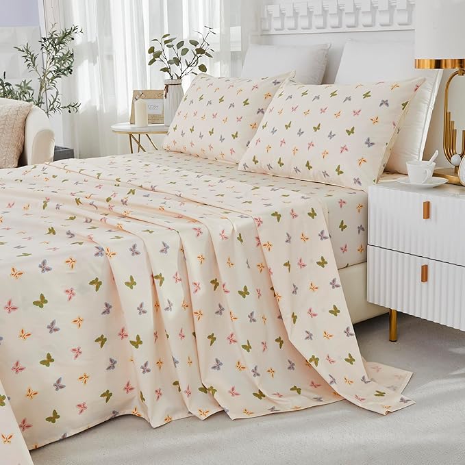 Brandream Bed Sheets for Queen Size Bed, 4 Pieces 100% Egyptian Cotton Farmhouse Sheet Set Butterfly Print Bed Deep Pockets (Cream Ivory)