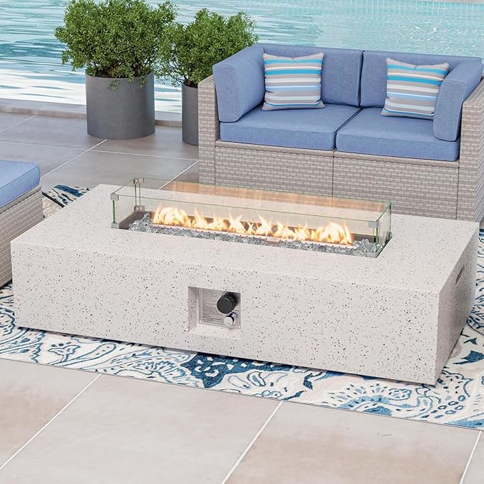 COSIEST Outdoor Propane Fire Pit Table, 56" x 28" Rectangle Terrazzo White Concrete-Like Finish, Certified, 50,000 BTU Stainless Steel Burner w Transparent Gray Fire Glass, Wind Guard, Raincover