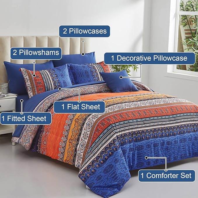 Cottolester Boho Comforter Set Queen Size 8 Piece Bed in a Bag Burnt Orange Paisley Fall Comforter and Sheet Set Bohemian Striped Bedding Set,Soft Microfiber Complete Bedding Set