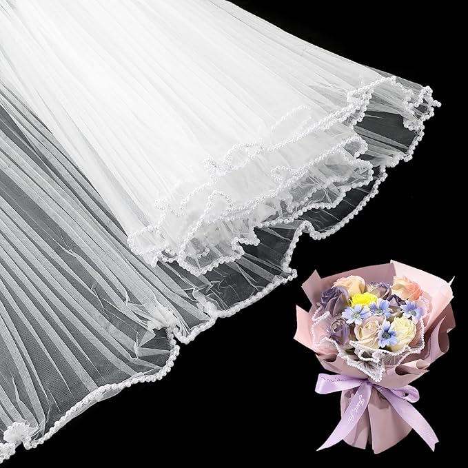 KIMOBER 4.37 Yards White Flower Wrapping Mesh Paper,Pearl Edge Wrinkled Wavy Net Yarn Flower Wrapping Mesh Paper for Valentine's Day Mother's Day Wedding Florist Supplies (White)