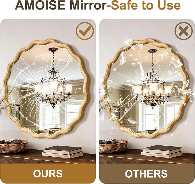 AMOISE Scalloped Round Mirror 24", Boho Wavy Wooden Frame Wall Mirror, Shatterproof Circle Accent Mirror for Bathroom, Bedroom, Entryway and Living Room