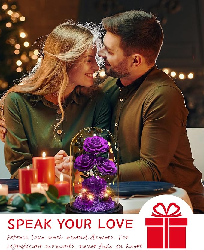 Christmas Flowers Roses Gifts for Mom,Forever Real Preserved Roses in Glass Dome,Christmas Anniversary Thanksgiving Gifts for Wife Girlfriend Women Best Friend Grandma/Purple Rose
