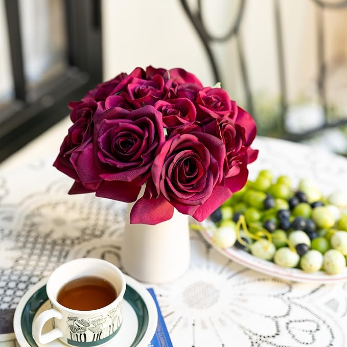 12-Piece Faux Real Touch Rose Bouquet with Ceramic Vase, Fake Flowers in Vase, Artificial Flowers for Home, Wedding, Bridal Bouquet, Party & Dining Table Centerpiece Decor (Burgundy, 10" High)