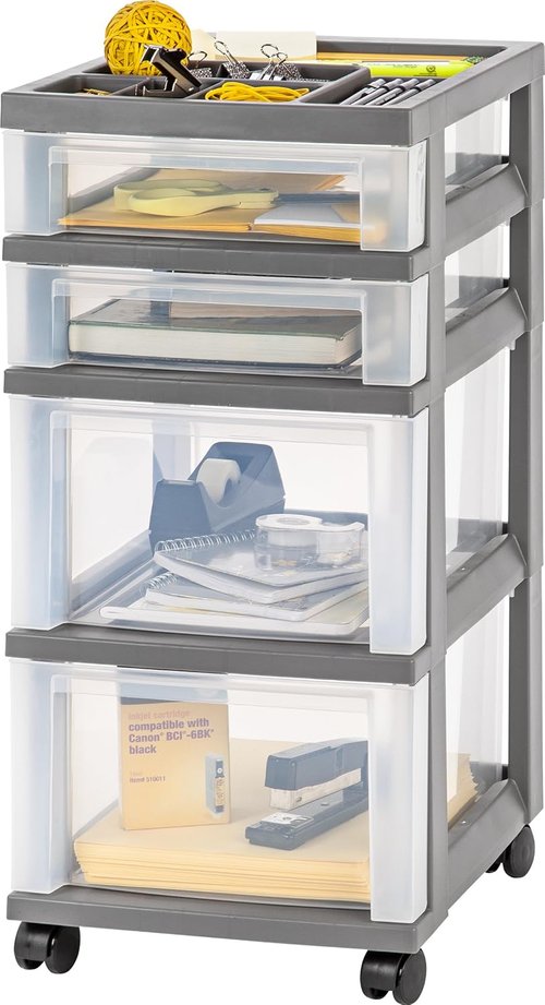 IRIS USA Rolling Storage Cart - Versatile Organizer for Classroom & Art Supplies | 4 Drawers, Gray/Clear