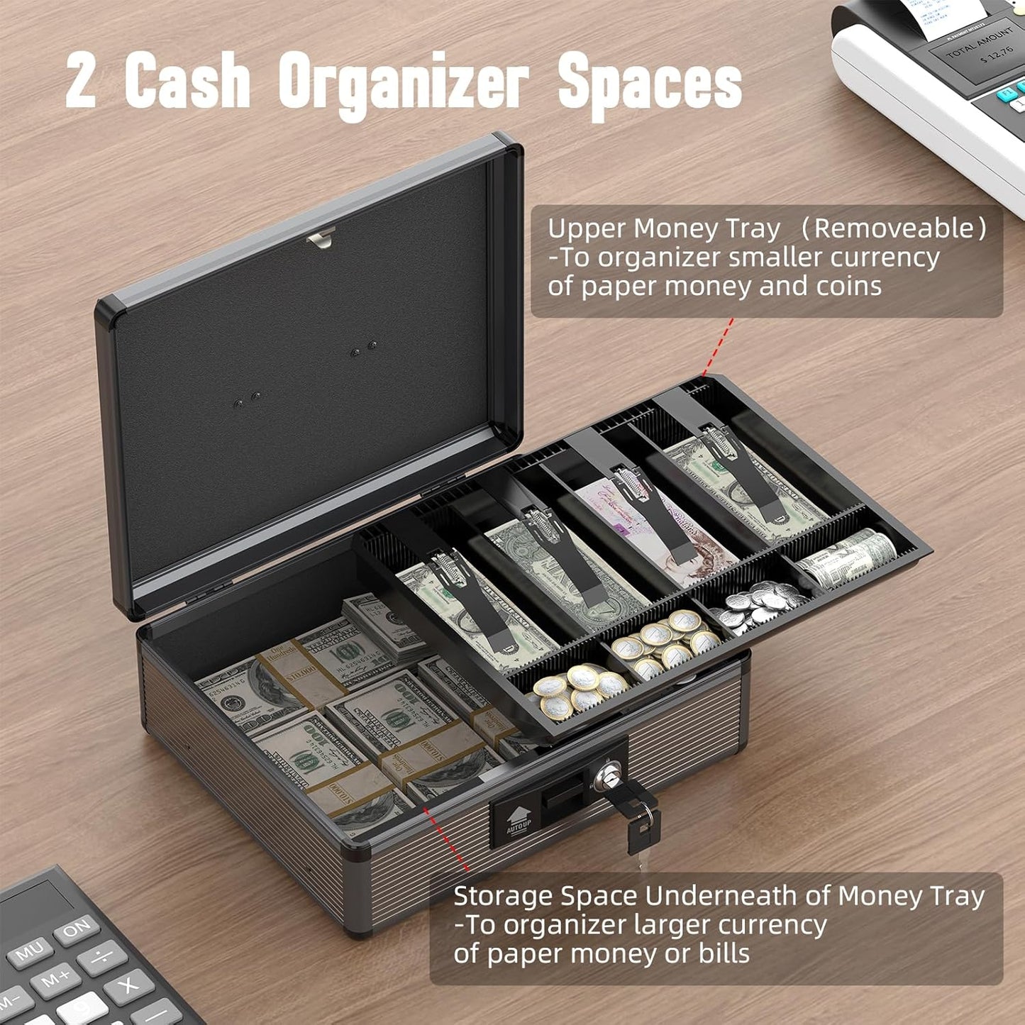 Skiennix Locking Cash Box - Secure Money Safe with Tray & Key | Extra Large Black Organizer