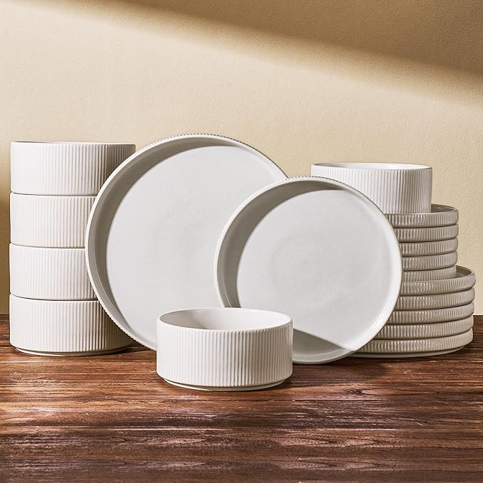 24-Piece Dinnerware Set for 8, Famiware Premium Stoneware Dish Set with Ribbed Plates and Deep Bowls, Double Reactive Glaze, Chip & Scratch Resistant, Microwave & Dishwasher Safe, Matte Reactive White