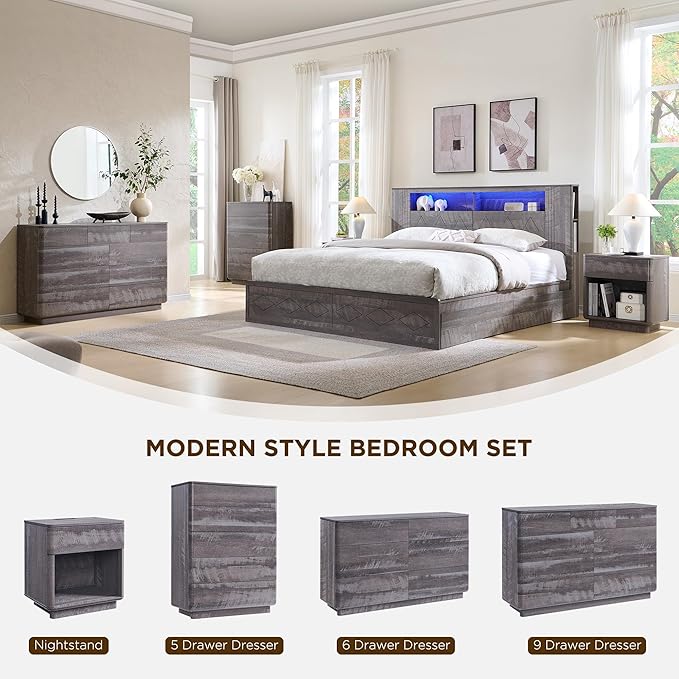 ACCOHOHO Modern 9 Drawer Dresser for Bedroom, 52" Wide Wooden Dressers with Large Storage,Handleless Chest of Drawers TV Stand for Living Room & Hallway, Curved Profile Design, Grey