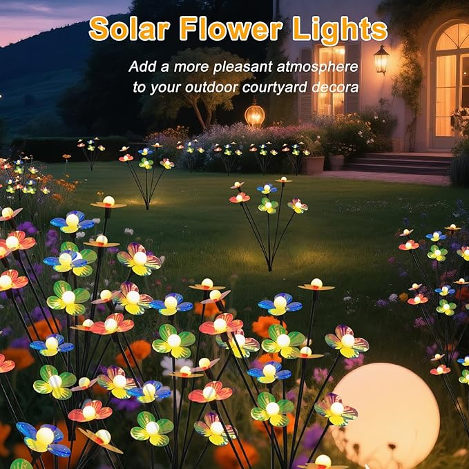 Solar Flower Lights Outdoor Waterproof 8 Pack of 32 LEDs Garden Solar Firefly Lights Decorative for Garden, Yard, Backyard