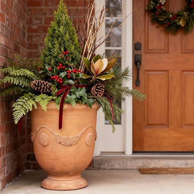 Large Urn Planter Magnesium Oxide Plant Pot with Cement Texture Concrete Urn Planters with Drainage Hole, 14" Dia x 17.5", Rusty