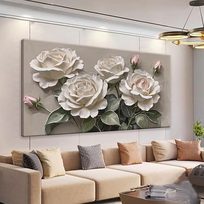 Canvas Art Wall Decor Pink White Floral Wall Art For Living Room Modern Canvas Wall Decor Prints Pictures For Wall White Flower Wall Art For Hotel Artwork 24x48 Inch