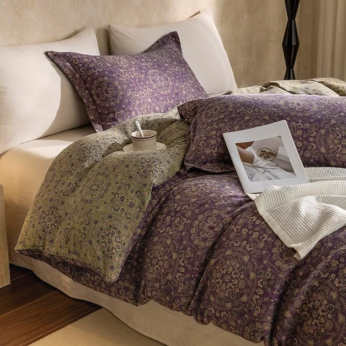 EAVD Soft 100% Cotton Muslin Yarn-Dyed Jacquard Textured Duvet Cover Twin Chic Shabby Purple Floral Duvet Cover with Zipper Closure Linen Like Gauze Floral Bedding Set with 2 Pillowcases