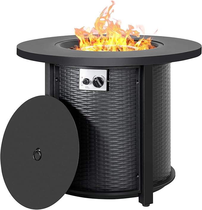 Nuu Garden 30'' Outdoor Round Propane Fire Pit Table, CSA-Certified 2-in-1 Gas Fire Pit with Rattan-Embossed Metal Frame, Stainless Steel Burner, Lid & Lava Rocks, for Patio Dining & Party, Black