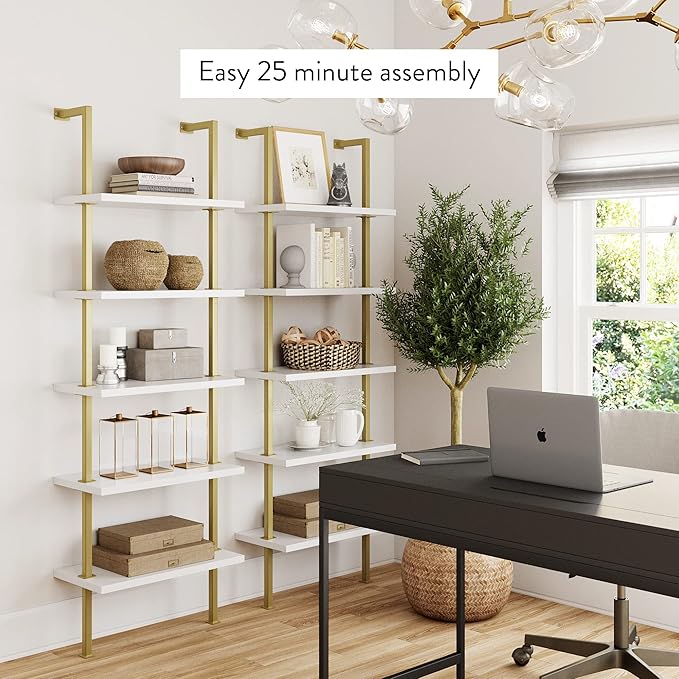 Nathan James 66001 Theo 5-Shelf Gold, Ladder Bookcase with Gold/Brass Metal Frame, White, Set of 2