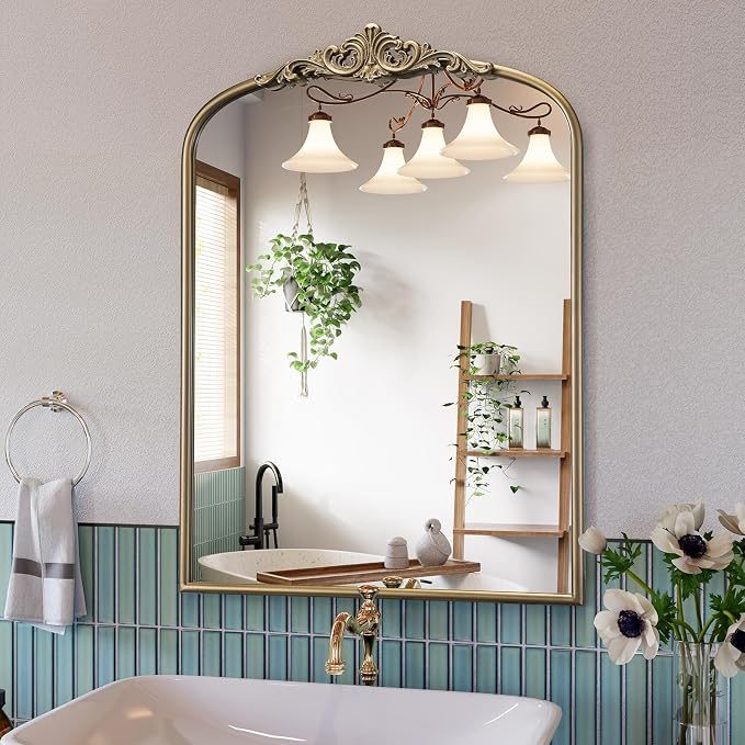 Arched Antique Gold Wall Mirror, 22"x30" Vintage Gold Bathroom Wall Mirror Over Sink, Ornate Arch Bronze Mirrors for Living Room, Fireplace, Entryway, Vanity, Hanging or Leaning